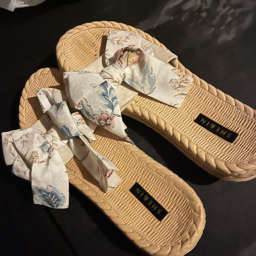 SHEIN Women's Floral Print Bow Sandals - Cream